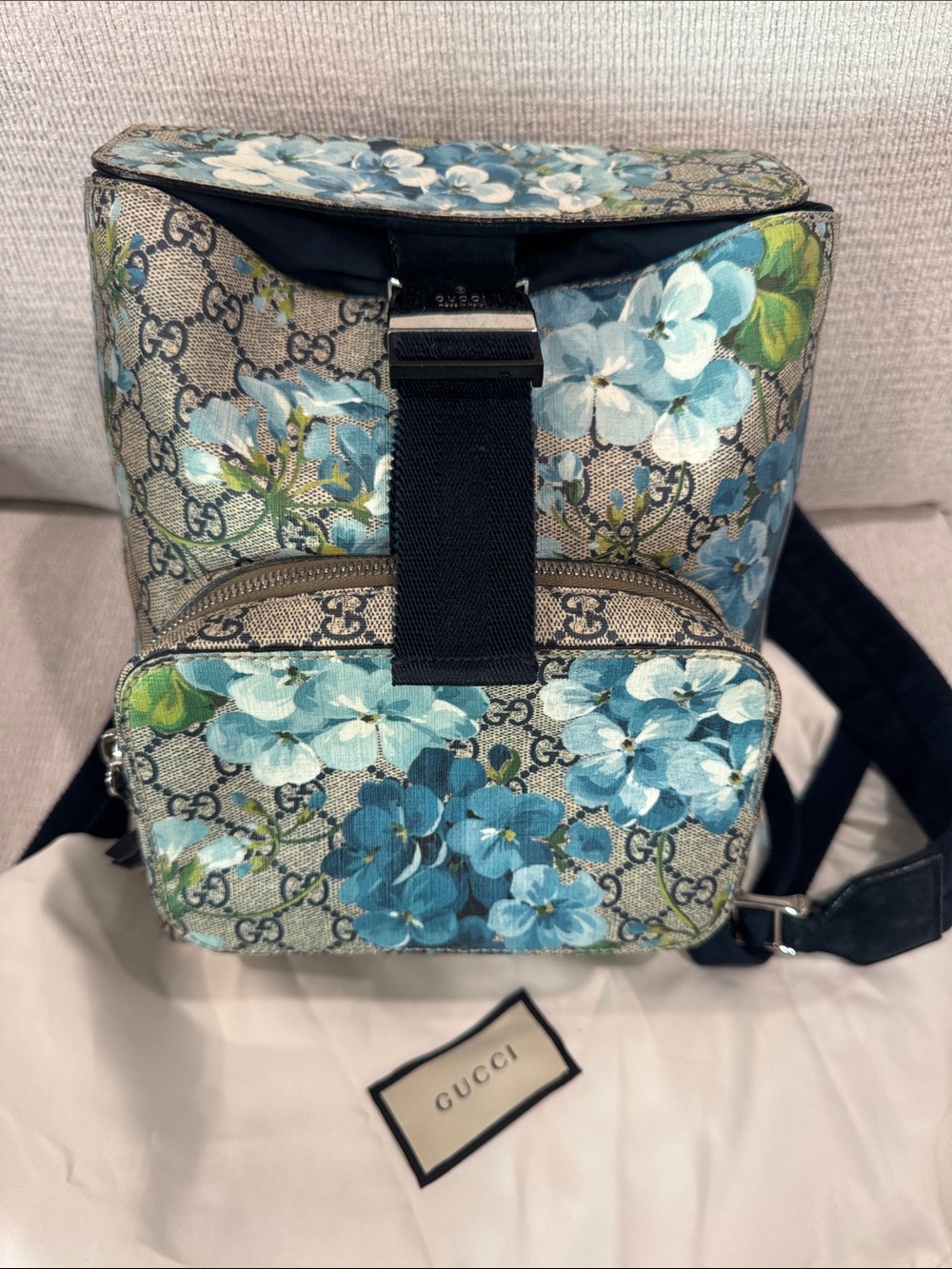 Gucci Blue Floral GG Canvas Backpack with Black Strap